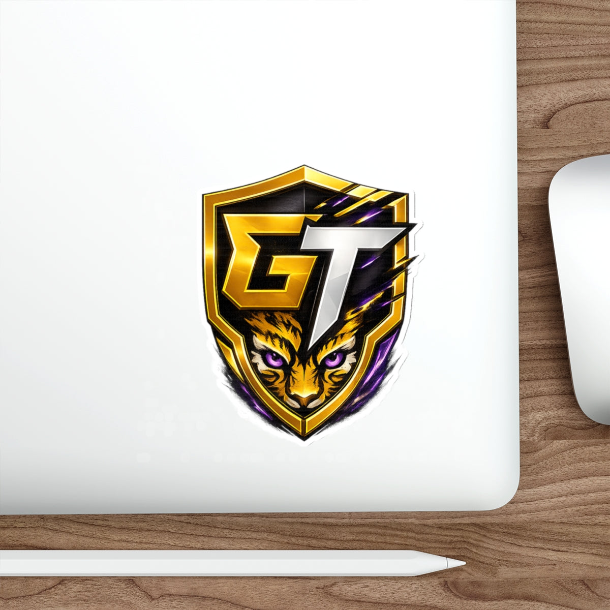 GT Tiger Shield Die-Cut Sticker — Gaming Logo Sticker with Fierce Tiger Emblem