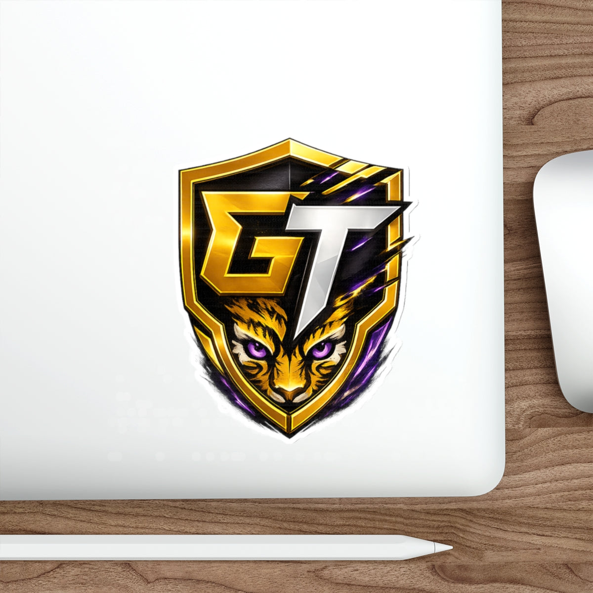 GT Tiger Shield Die-Cut Sticker — Gaming Logo Sticker with Fierce Tiger Emblem