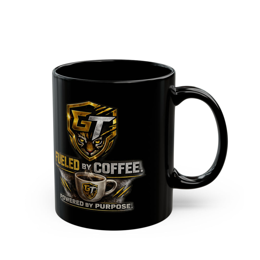 Fueled by Coffee Black Mug — ‘Fueled by Coffee, Powered by Purpose’ Ceramic Coffee Mug (11oz/15oz)