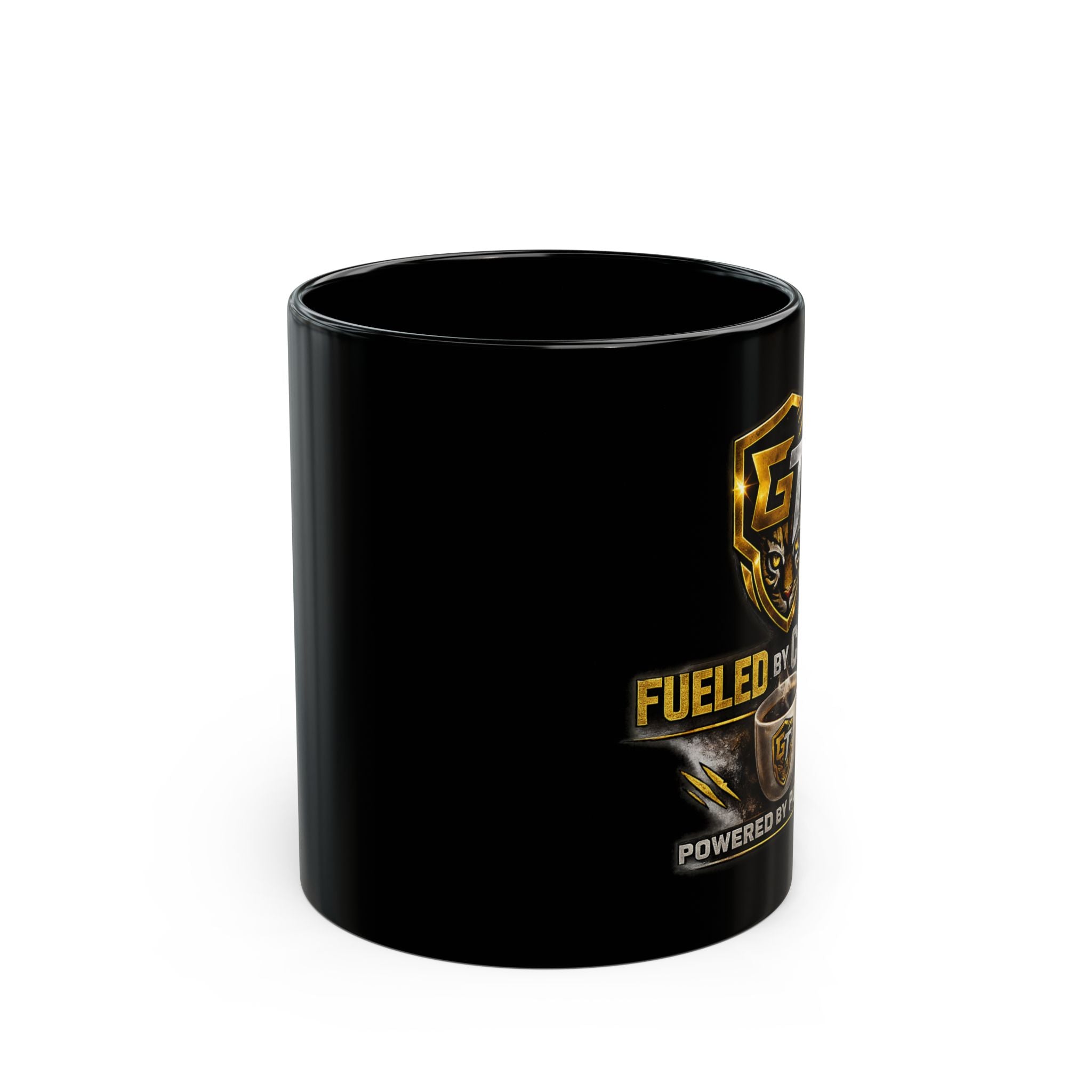 Fueled by Coffee Black Mug — ‘Fueled by Coffee, Powered by Purpose’ Ceramic Coffee Mug (11oz/15oz)